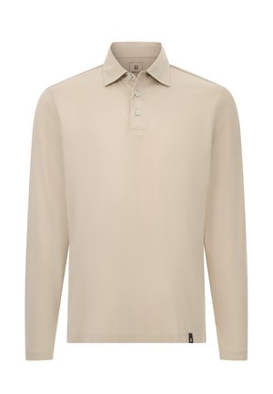 Beżowa, długorękawowa koszulka polo, miękka tkanina, klasyczny kołnierzyk, trzy guziki, stonowane przeszycia, akcent logo na dolnym wykończeniu, minimalistyczny design.