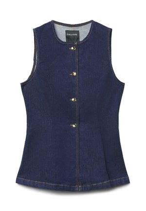 Haut en jean bleu foncé sans manches avec col rond et quatre boutons dorés sur le devant, ajusté avec des coutures visibles.
