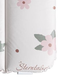 Cotton baby mattress cover with a floral pattern featuring pink flowers and green leaves on a textured white background, labeled "Sterntaler."