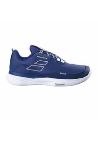 Scarpe sportive con tomaia in tessuto blu navy, dettagli bianchi e suola in gomma testurizzata. Presentano lacci e collare imbottito per il comfort.