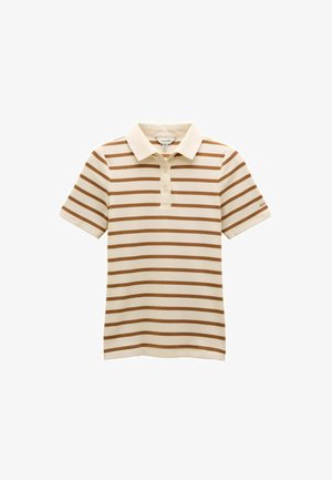 Pruhovaná polo košeľa v krémovej a hnedej farbe. Obsahuje golier, tri gombíky a krátke rukávy. Vyrobená z mäkkého, priedušného materiálu.