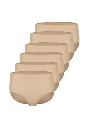 Packung mit sechs beigen nahtlosen High-Waist-Slips, angeordnet in versetzter Formation auf weißem Hintergrund.