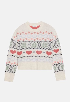 Cream knit sweater with a cropped design, featuring multicolored patterns of hearts, flowers, and geometric shapes in red, green, and navy.