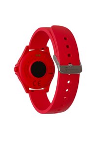 Rote Smartwatch mit einem glatten Silikonarmband, rundem Zifferblatt und minimalistischem Design. Verfügt über Sensorlichter und eine Schnalle aus rostfreiem Stahl als Akzent.