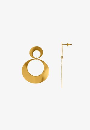 Orecchini d'oro con una parte superiore circolare, una base circolare più grande con un centro aperto e un sottile gancio per un indossamento sicuro. Finitura liscia e lucida.