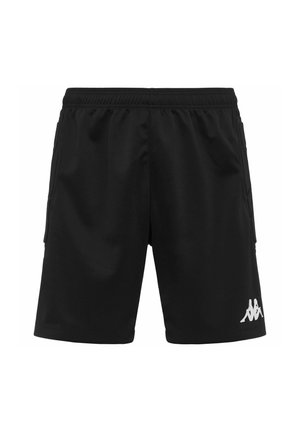 Shorts sportivi neri realizzati in tessuto liscio, con cintura elastica, due tasche laterali e un logo bianco sul lato sinistro inferiore.