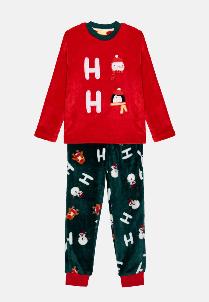 Red fleece pajama set featuring a long-sleeve top with white letters "H" and penguin designs, paired with green pants displaying snowmen and reindeer.
