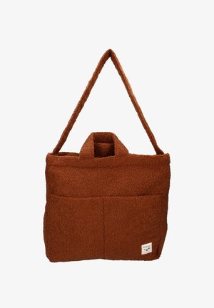 Brun fleece håndtaske med en blød tekstur, to forlommer og et topphåndtag. Har en enkelt skulderrem for nem transport.