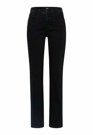 Zwart denim jeans met een rechte pasvorm, vijf zakken, een knoopsluiting en subtiele stiksels. Geweven stof met een lichte rek.