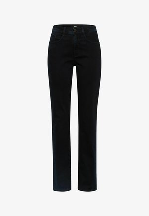 Vaqueros de denim negro con corte recto, cinco bolsillos, cierre de botón y sutiles acentos de costura. Tejido texturizado con ligero estiramiento.