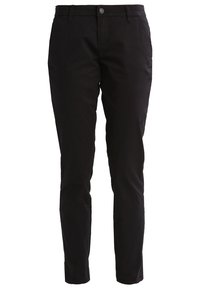 Black chinos with a slim fit, made from cotton fabric, featuring a zip fly, button closure, and two side pockets. Smooth texture.