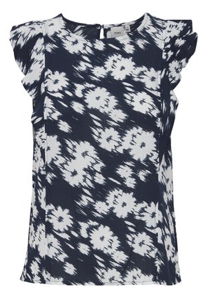 Haut à motifs floraux bleu marine et blanc avec de courtes manches volantées et une fermeture éclair au dos. Fabriqué en tissu léger ; coupe décontractée.