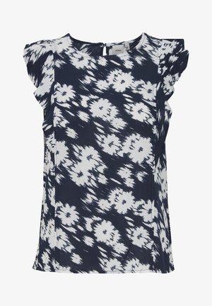 Tumesinine ja valge lillemustriga top, lühikeste volangvarrukatega ja seljaosal lukuga. Valmistatud kergetest kangast; lõdva istuvusega.