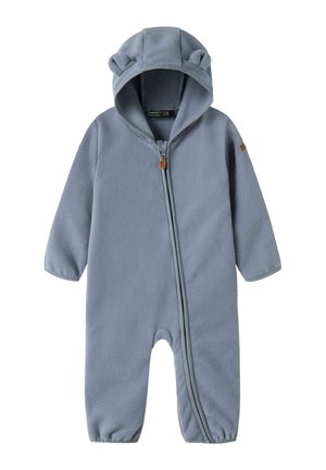 Myk blå fleece babydress med hette med bjørneører, glidelås foran og elastiske mansjetter på ermene og beina.