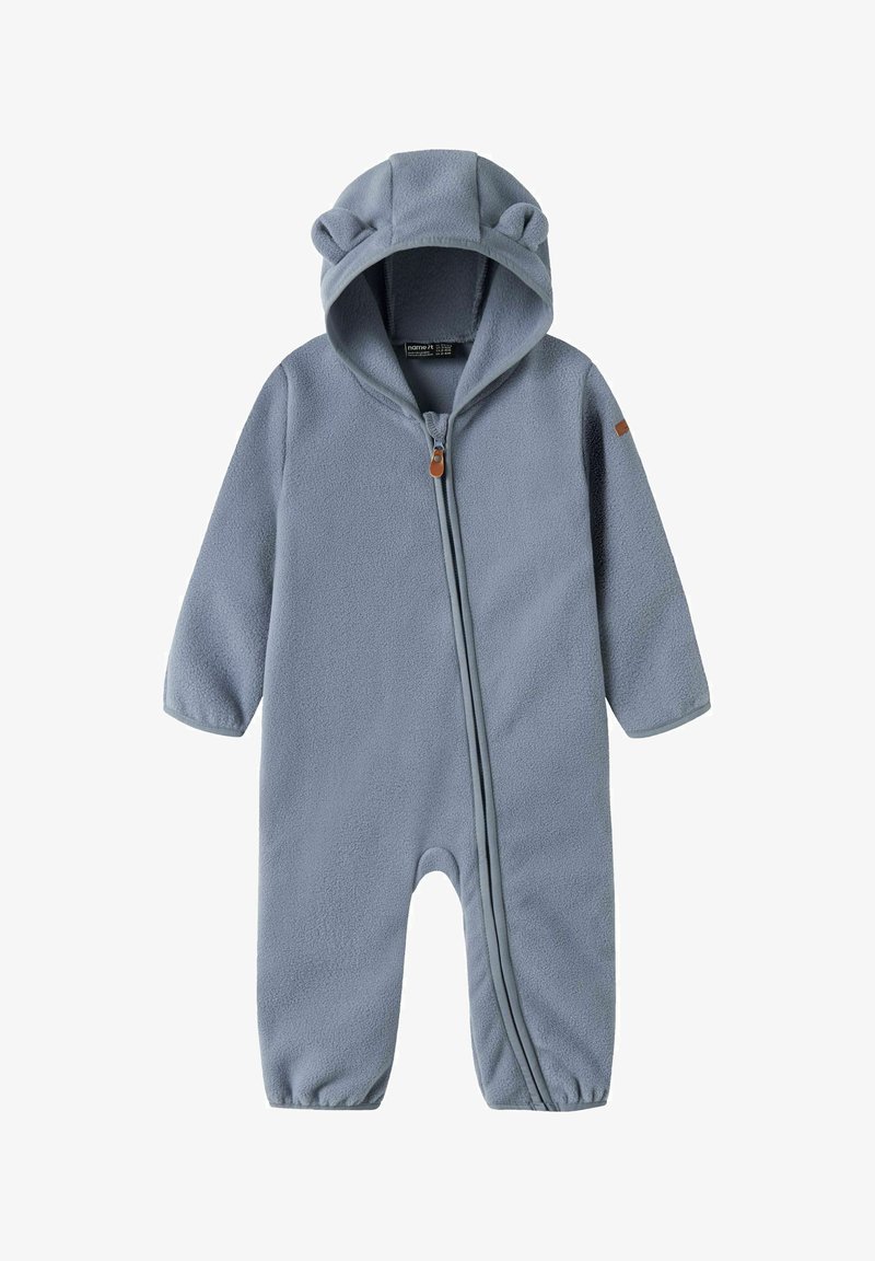 Combinaison bébé en polaire douce bleu clair avec capuche aux oreilles d'ours, fermeture éclair devant et poignets élastiqués aux manches et aux jambes.