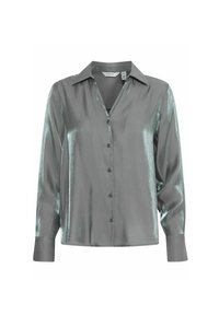 Camicia satinata con collo a punta di tonalità grigio metallizzato, maniche lunghe e texture liscia; presenta bottoni neri sul davanti.