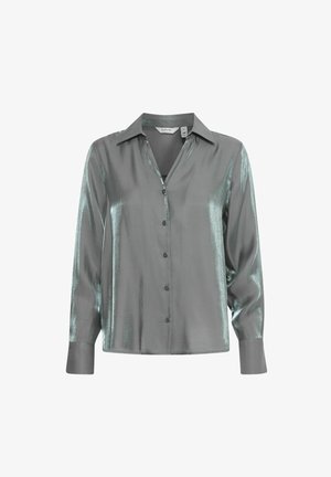 Zijdeachtig knoopshirt in een metallic grijze tint met een puntige kraag, lange mouwen en een soepele textuur; heeft zwarte knopen aan de voorkant.