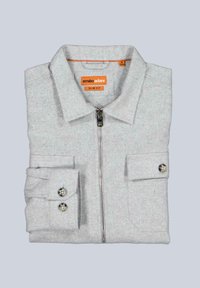 Graues Slim-Fit-Hemd aus strukturierter Stoff, mit einem Reißverschluss vorne, geknöpften Manschetten und zwei Brusttaschen mit Knopfverschluss.