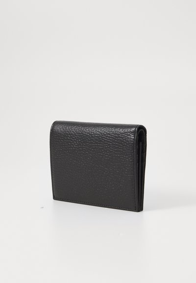 Black leather wallet with textured surface, rectangular shape, and a folded design. Smooth edges and no visible hardware accents.