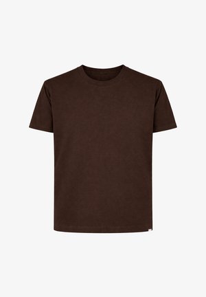 Maglietta tinta unita marrone scuro a maniche corte con scollo rotondo e orlo dritto, mostrata su sfondo bianco.