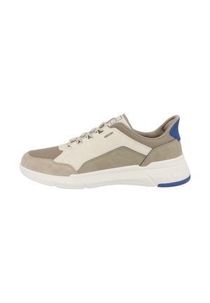 Low-top beige and taupe sneaker with white sole, blue heel accent, mesh and suede panels, and lace-up closure.