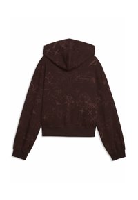 Sweat à capuche marron foncé avec des motifs abstraits d'étoiles et d'écriture délavés, poignets et ourlet côtelés, vu de dos.