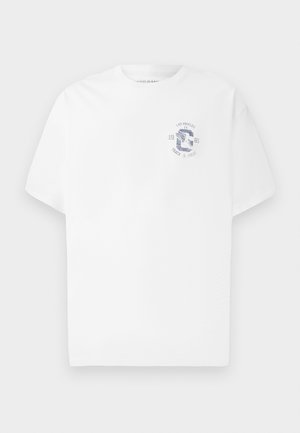 Fehér, rövid ujjú, kerek nyakú póló, bal mellen kis kék grafikával, amelyen az áll: "Los Angeles CA 1981 Atlétika".