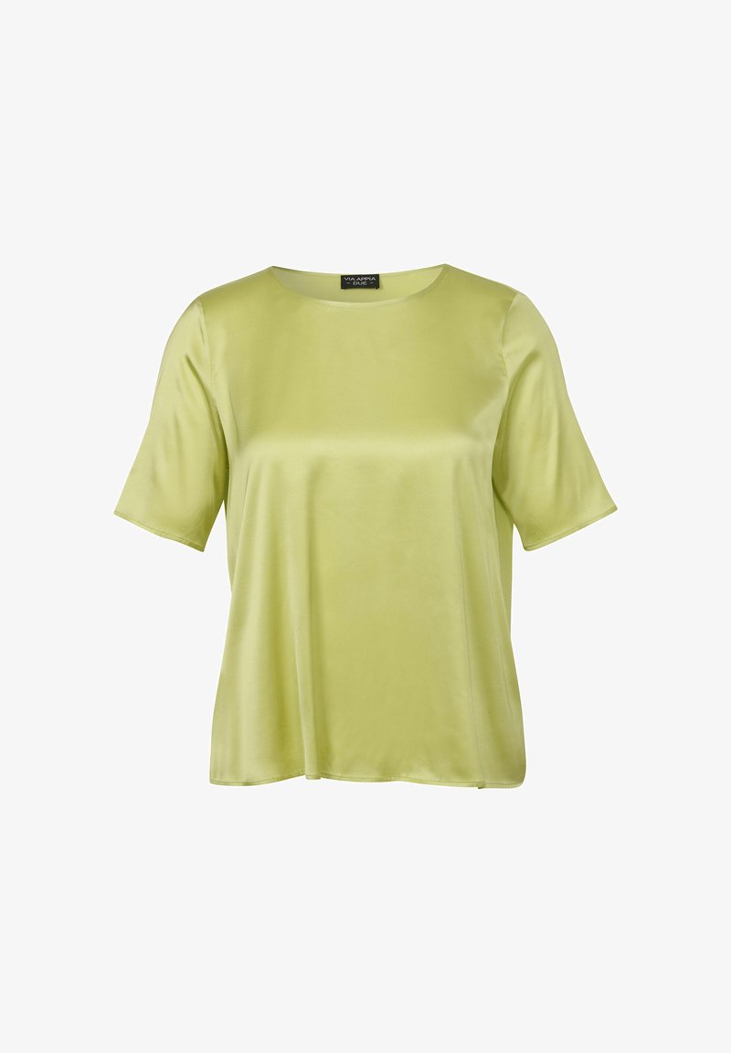 Kurzarmtop aus satinähnlichem Stoff in hellgrün, mit rundem Halsausschnitt und lässiger Passform für Bewegungsfreiheit. Glatte Textur und schlichtes Design.