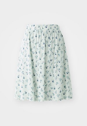 Gėlėta sijonas su elastinga juosta, pagamintas iš lengvos medžiagos. Turi mėtų žalios spalvos pagrindą su mažomis mėlynomis ir baltomis gėlių raštais visame paviršiuje.