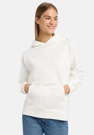 White hooded sweatshirt made of soft fabric, featuring a front pocket, relaxed fit, and ribbed cuffs. Simple design with no visible patterns.