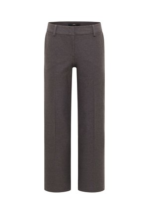 Dunkelgraue gerade geschnittene Hose mit Gürtelschlaufen und flachem Vorderteil, präsentiert vor einem weißen Hintergrund.