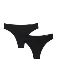 Czarne stringi wykonane z miękkiego materiału; charakteryzują się gładką powierzchnią i minimalną ilością szwów. Każde z nich ma mały złoty detal z logo na pasku.