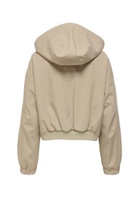 Klippt beige jacka med huva och elastisk nederkant, med mjukt, slätt tyg och något puffiga ärmar.