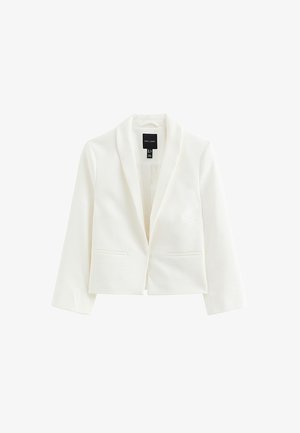 White tailored blazer with long sleeves, open front, and two horizontal slit pockets, displayed on a white background.