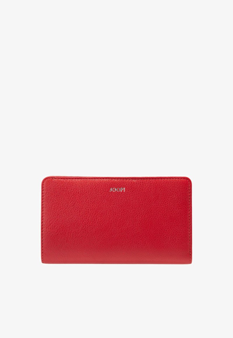 Portafoglio in pelle rossa con superficie texture, forma rettangolare e accento del logo argentato sulla parte anteriore. Bordo liscio con dettagli minimi.