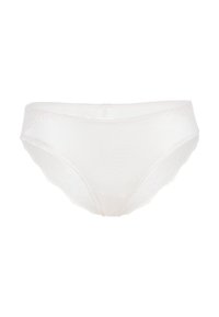 Mutandine bianche in pizzo con un pannello anteriore liscio e bordi smerlati, caratterizzate da un delicato motivo floreale lungo i lati e sul retro.