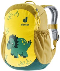Sac à dos jaune pour enfants avec un graphique de dinosaure vert, des sangles en maille, une poche zippée et des poches latérales élastiques. Fabriqué en tissu durable.