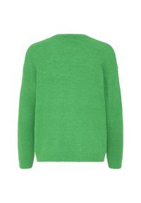 Žalias vilnos megztinis su laisvu siluetu, apvalia iškirpte ir ilgomis rankovėmis. Minkšta tekstūra su pūstais rankogaliais ir apatine dalimi.
