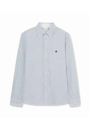 Herenhemd met lange mouwen, met dunne verticale blauwe en witte strepen en een klein marineblauw geborduurd logo op de linkerborst.