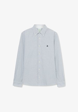 Herenhemd met lange mouwen, met dunne verticale blauwe en witte strepen en een klein marineblauw geborduurd logo op de linkerborst.