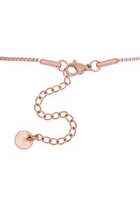 Roze gouden ketting met een musketonhaak, voorzien van een glad, rond bedeltje aan het einde van een verstelbare ketting. Elegante schakelontwerp.