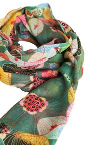 Colorful floral printed scarf in lightweight fabric. Features green background with red, pink, and yellow accents and frayed edges.