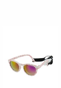 Colored sunglasses with a pink spotted design, curved frames, and gradient lenses reflecting yellow to purple; features an adjustable strap.
