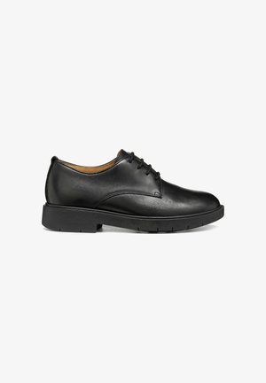 Scarpa elegante in pelle nera con lacci, tacco basso e finitura liscia mostrata di profilo su sfondo bianco.