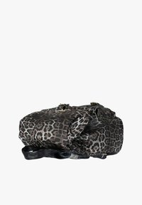 Borsa stampa leopardata con dettagli neri, dotata di tracolle regolabili e finiture dorate. Tessuto strutturato con design morbido e pieghevole.