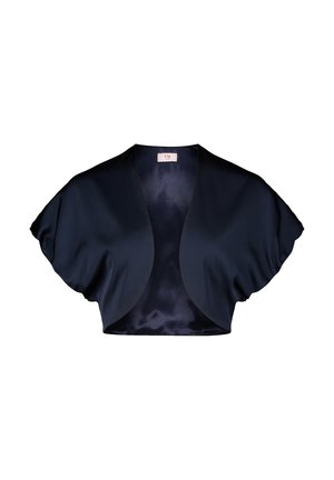 Marineblaue Satin-Crop-Jacke mit fließendem Design, übergroßen Ärmeln und offenem Vorderteil. Glatte Textur und minimalistischer Stil.