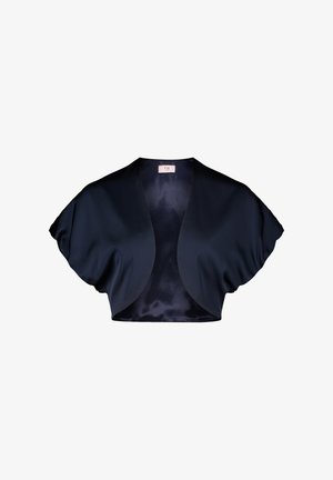 Mørkeblå satin crop-jakke med et flydende design, overdimensionerede ærmer og åben front. Glat tekstur og minimalistisk stil.