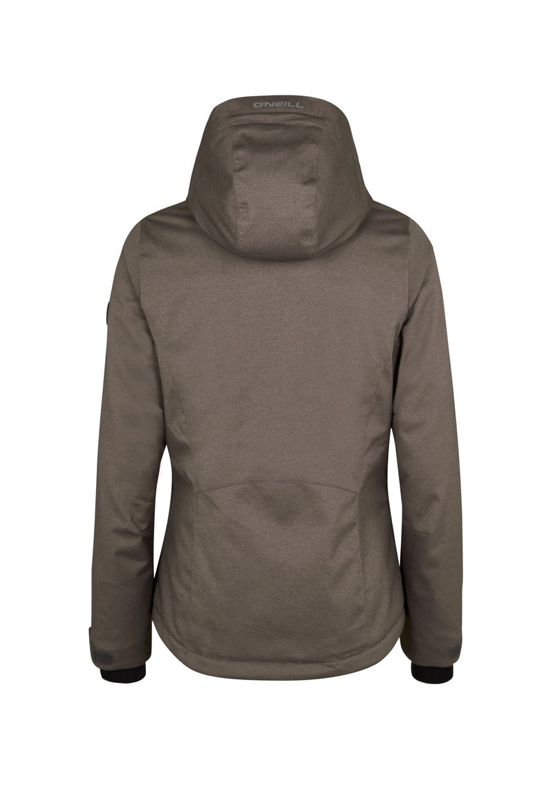 Braune Kapuzenjacke aus einem strukturierten Stoff, mit figurbetontem Schnitt, elastischen Bündchen und einem Logo am Nacken hinten.