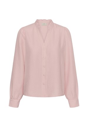 Różowa bluzka na guziki z falbankowym kołnierzykiem, długimi rękawami i pionowymi detalami tekstury. Posiada dekolt w kształcie litery V i miękki, lekki materiał.