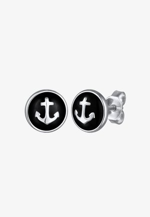 Sølv anker stud øreringe med sort emalje baggrund; cirkulær form, poleret finish, med et hævet ankerdesign.